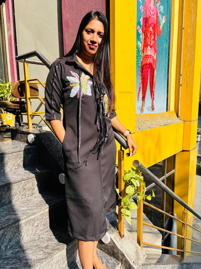 BLACK HEAVY EMBROIDERED ALINE DRESS