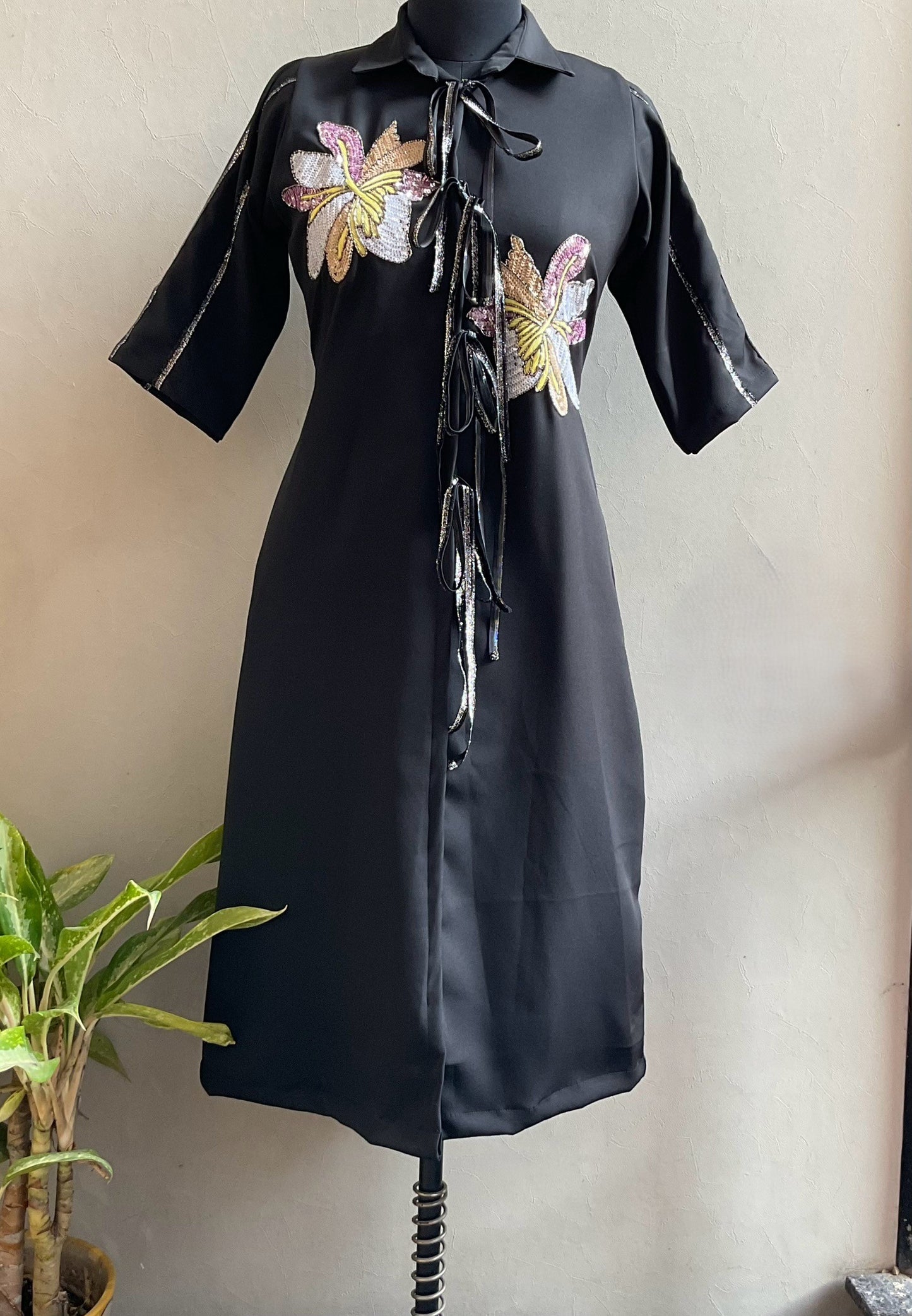 BLACK HEAVY EMBROIDERED ALINE DRESS