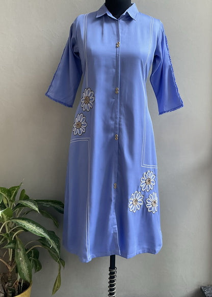 SKY BLUE CUTDANA EMBOIDERED ALINE DRESS