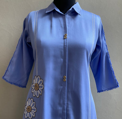 SKY BLUE CUTDANA EMBOIDERED ALINE DRESS