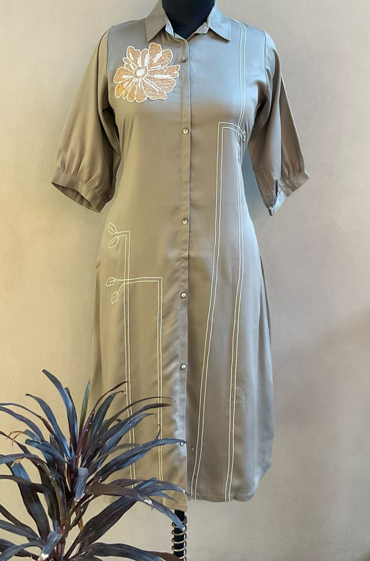 PISTA GREEN HEAVY SEQUENCED EMBROIDERED ALINE DRESS