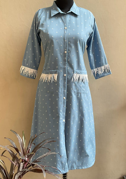 DENIM BLUE LACED ALINE DRESS