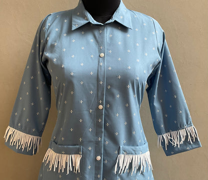 DENIM BLUE LACED ALINE DRESS