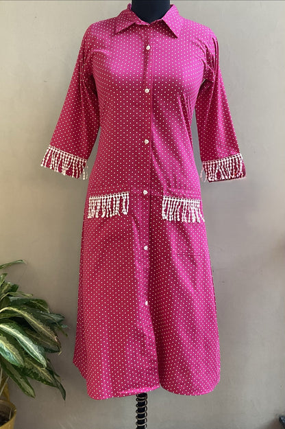 RANI PINK POLKA DOTS LACED ALINE DRESS