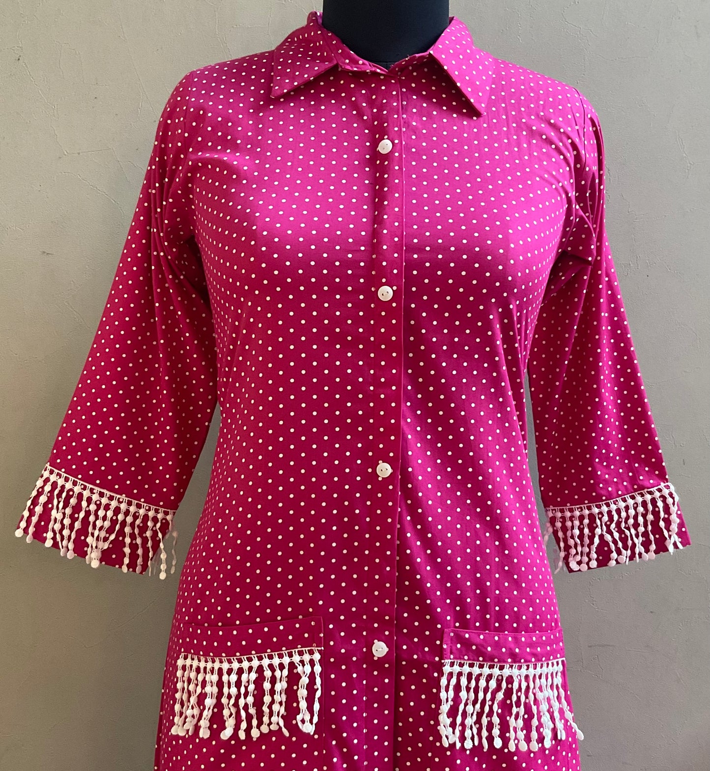 RANI PINK POLKA DOTS LACED ALINE DRESS