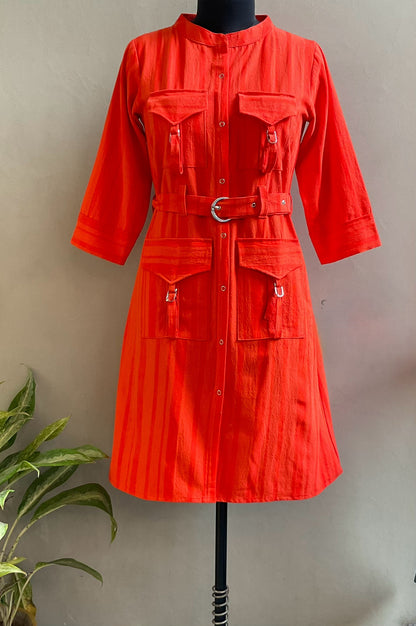 ORANGE FRONT POCKET STYLE ALINE DRESS