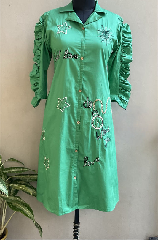 GREEN RUFFLE SLEEVES ALINE DRESS