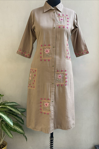 BROWN HAND EMBROIDERED ALINE DRESS