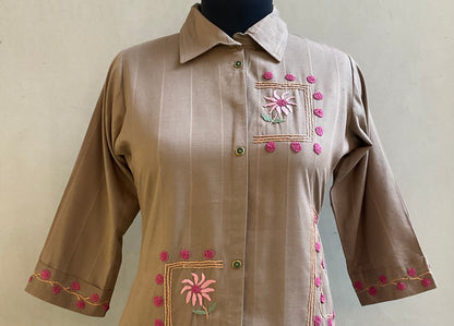BROWN HAND EMBROIDERED ALINE DRESS