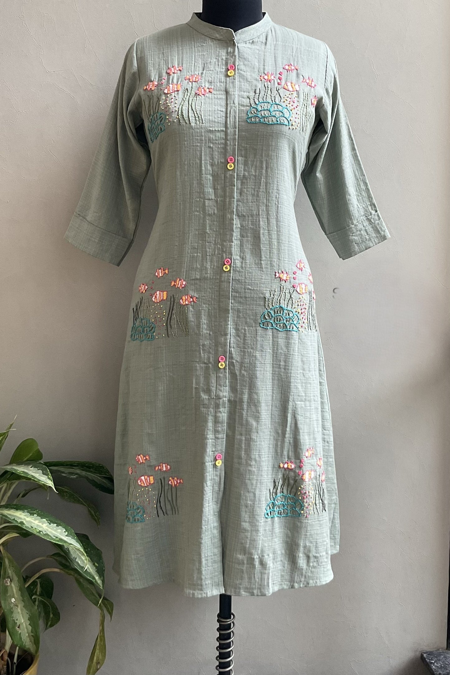 POWDER GREEN THREAD EMBROIDERED ALINE DRESS
