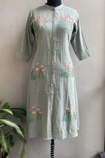 POWDER GREEN THREAD EMBROIDERED ALINE DRESS