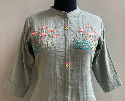 POWDER GREEN THREAD EMBROIDERED ALINE DRESS