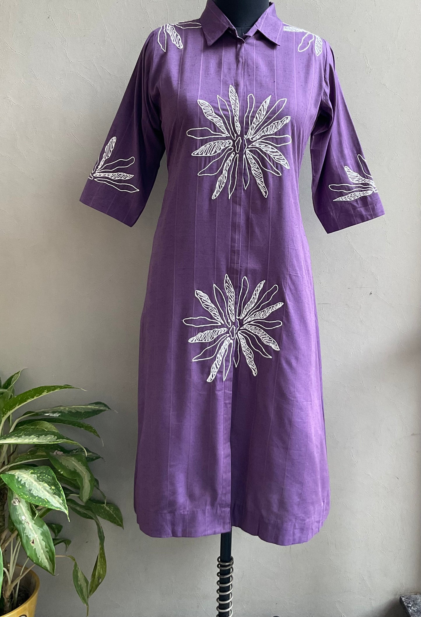 PURPLE THREAD EMBROIDERED ALINE DRESS