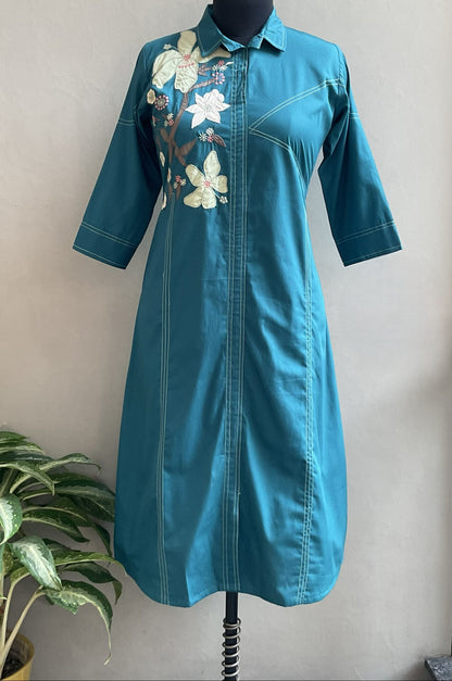 RAMA GREEN APPLIQUE WORKED ALINE DRESS