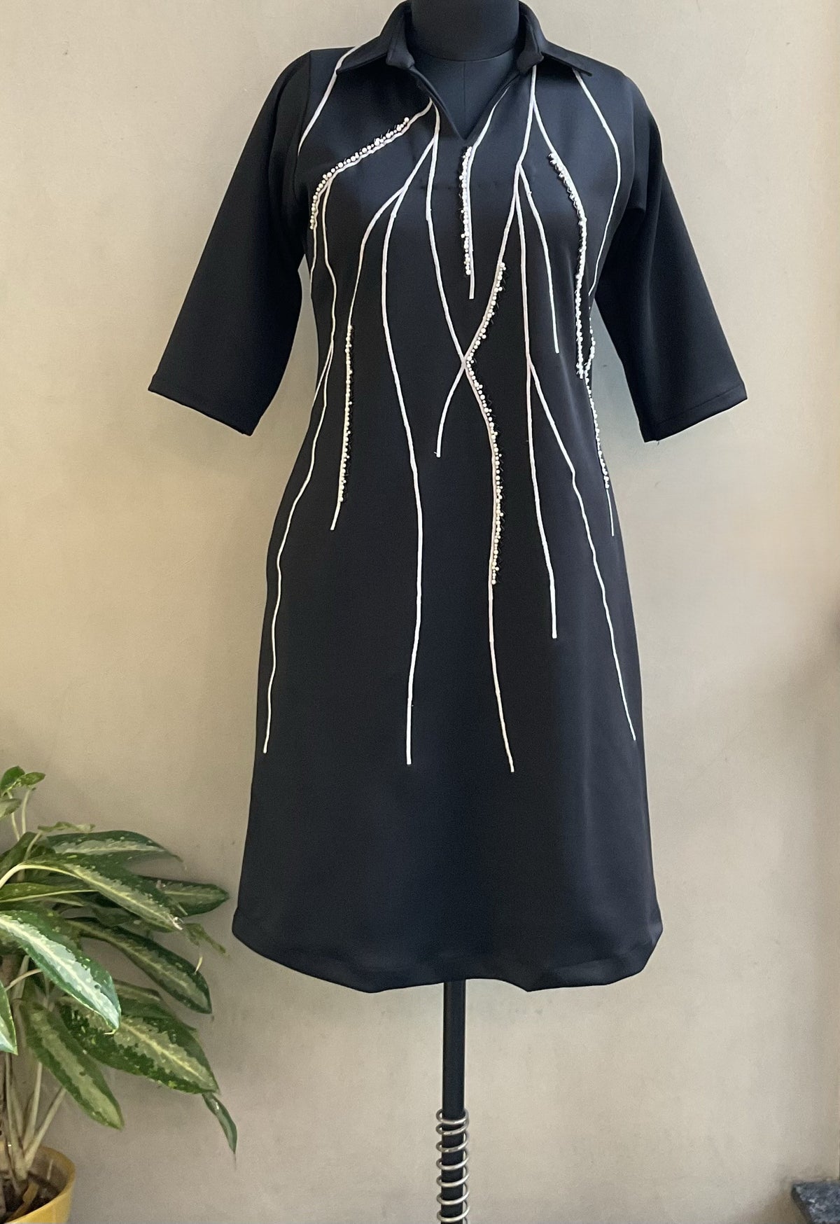 BLACK BEADS EMBROIDERED ALINE DRESS