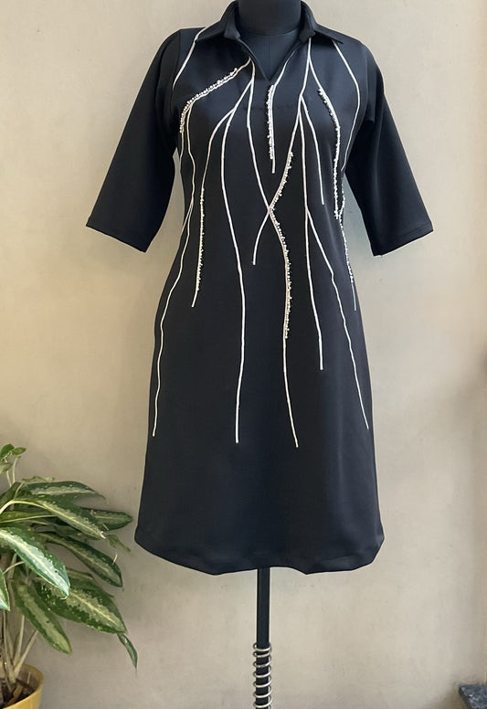 BLACK BEADS EMBROIDERED ALINE DRESS