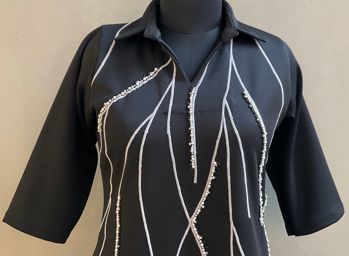 BLACK BEADS EMBROIDERED ALINE DRESS