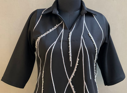 BLACK BEADS EMBROIDERED ALINE DRESS