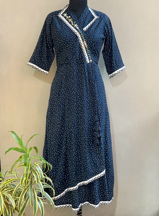 NAVY ANGRAKHA HAND EMBROIDERED ALINE DRESS