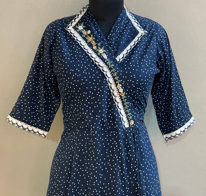 NAVY ANGRAKHA HAND EMBROIDERED ALINE DRESS