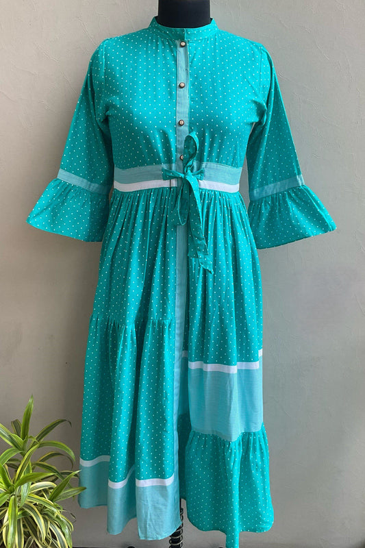 AQUA GREEN POLKA DOTS ALINE DRESS