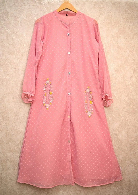 LIGHT PINK CHIFFON HAND EMBROIDERED ALINE DRESS