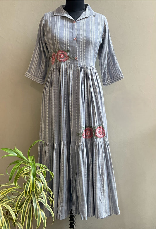 GREY THREAD EMBROIDERED ALINE DRESS