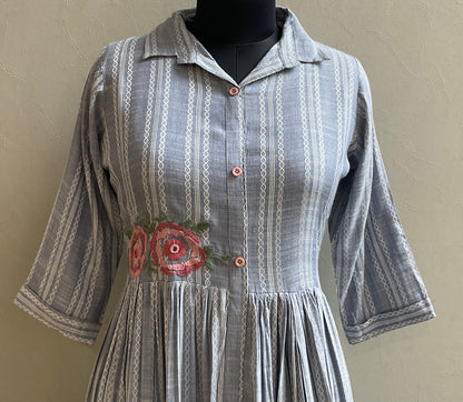 GREY THREAD EMBROIDERED ALINE DRESS