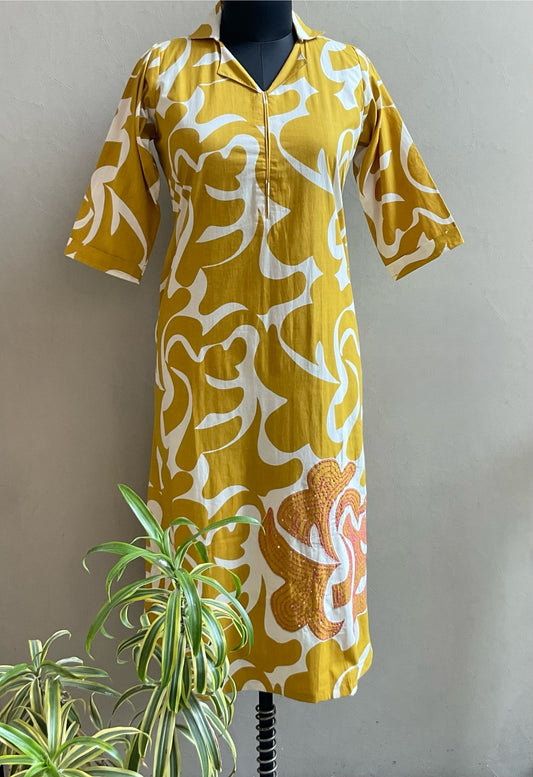 MUSTARD KATHA STICHED ALINE DRESS