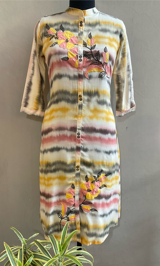 MULTI COLOR TIE & DIE APPLIQUE ALINE DRESS