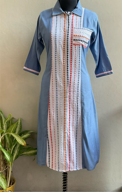DENIM WITH HAKOBA WORKED ALINE DRESS