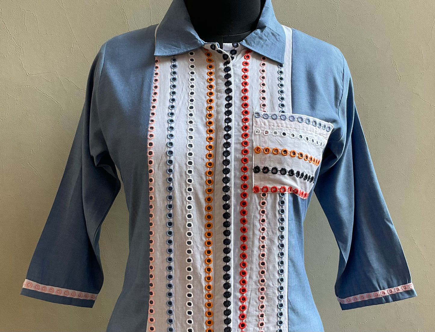 DENIM WITH HAKOBA WORKED ALINE DRESS