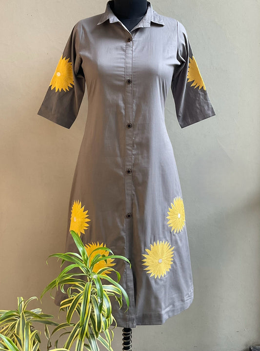 GREY SUNFLOWER EMBROIDERED ALINE DRESS