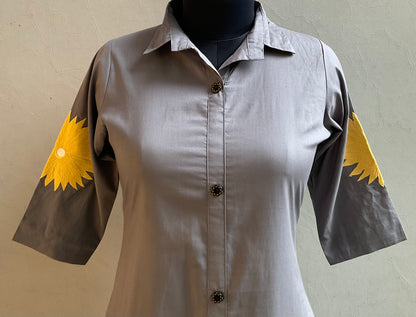 GREY SUNFLOWER EMBROIDERED ALINE DRESS