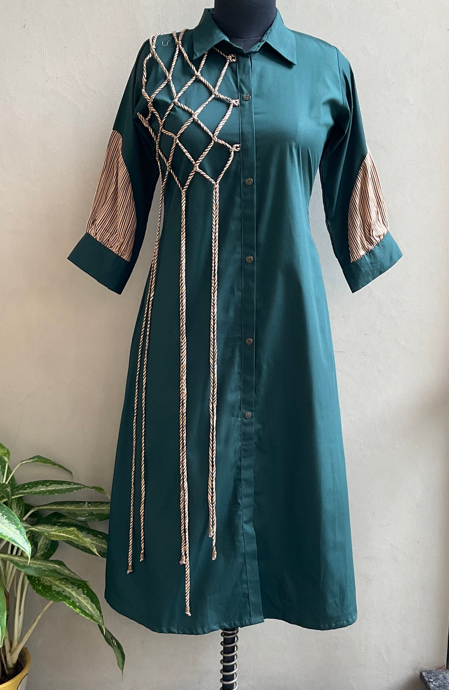 BOTTLE GREEN DORI DETAILING ALINE DRESS