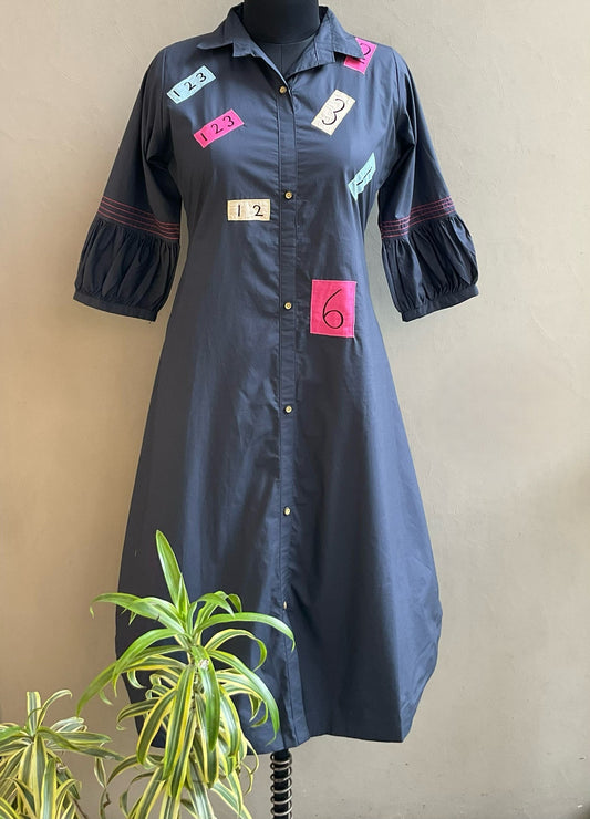 DARK GREY NUMERIC APPLIQUE ALINE DRESS