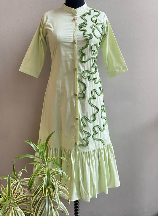 LIGHT GREEN ONE SIDE PLEATED ALINE DRESS