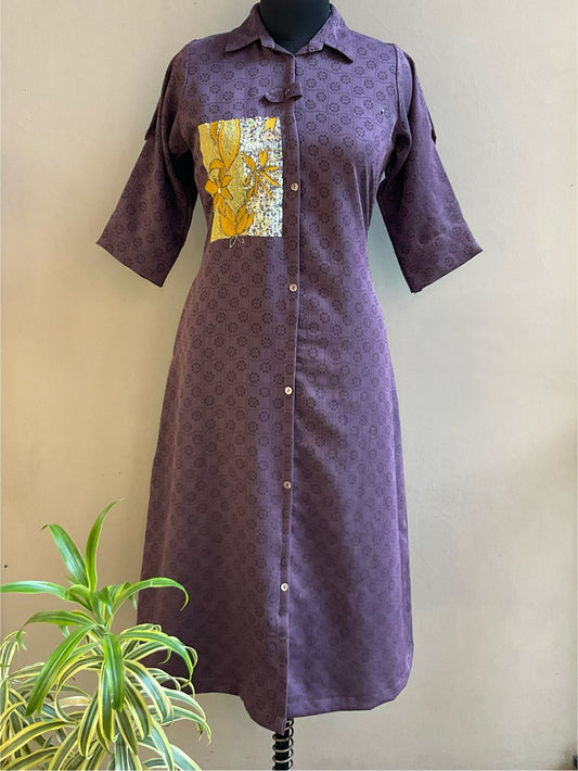 PURPLE VISCOSE CLOTH EMBROIDERED ALINE DRESS