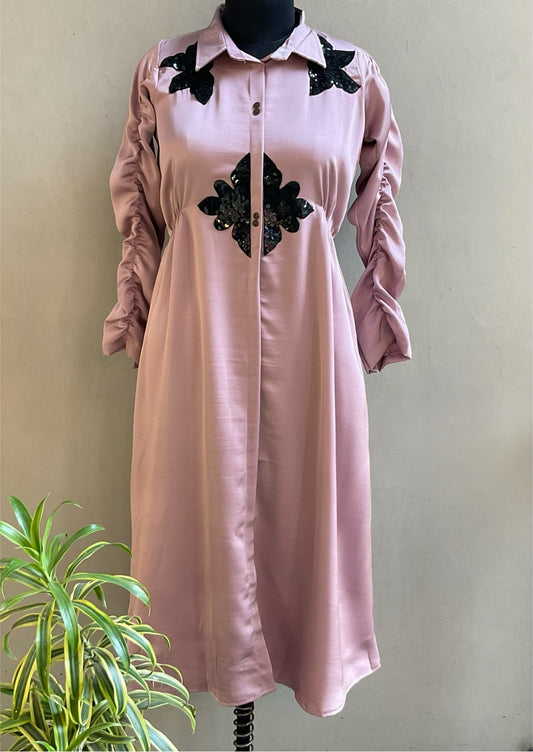 ONION PINK SATIN SEQUENCED ALINE DRESS
