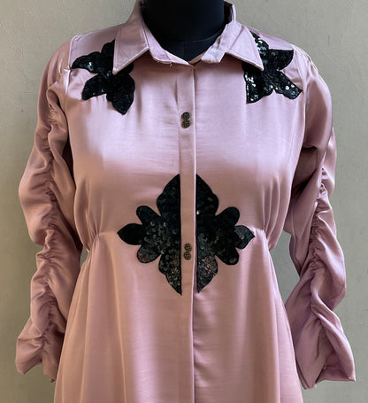 ONION PINK SATIN SEQUENCED ALINE DRESS
