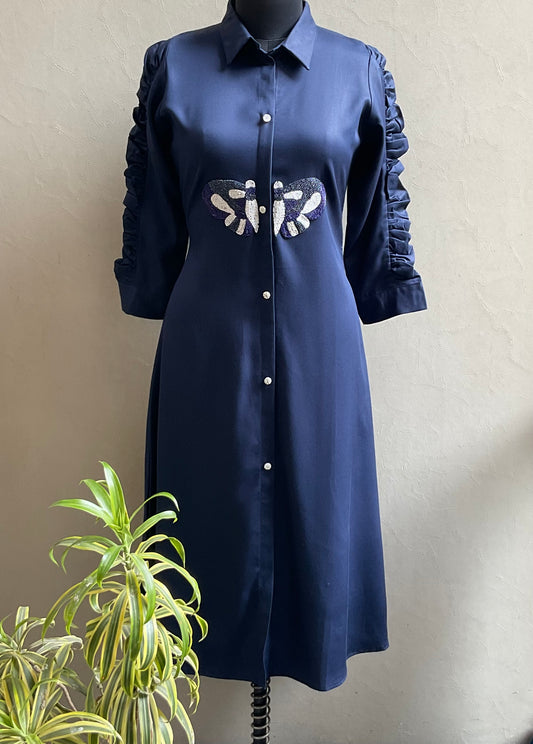 NAVY BLUE BUTTERFLY EMBROIDERED ALINE DRESS
