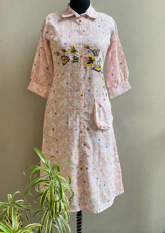 LIGHT PEACH BUTTERFLY EMBROIDERED ALINE DRESS