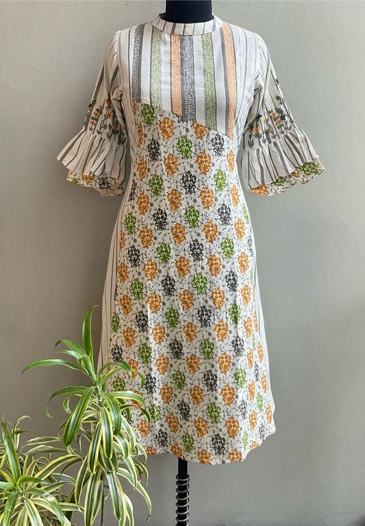OFF WHITE KATHA STICHED ALINE DRESS
