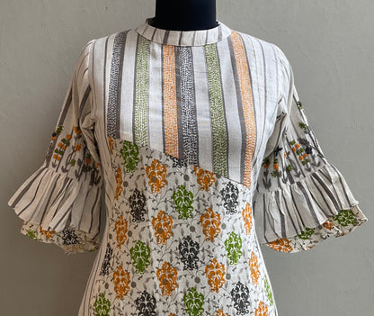 OFF WHITE KATHA STICHED ALINE DRESS