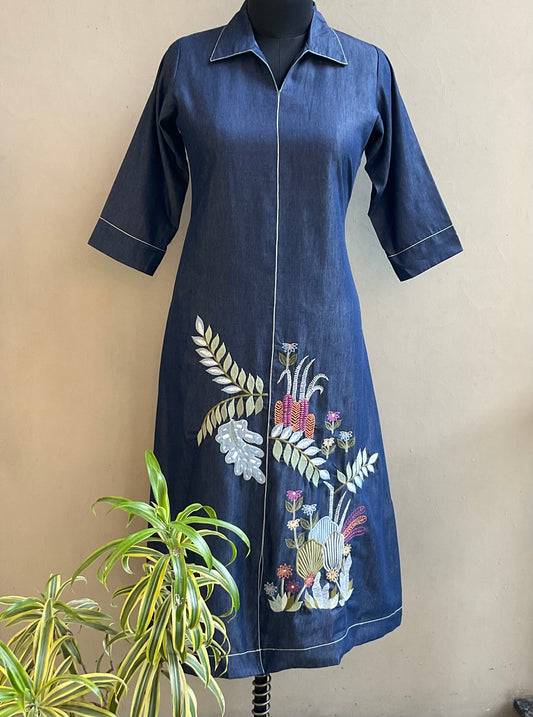 DENIM EMBROIDERED ALINE DRESS