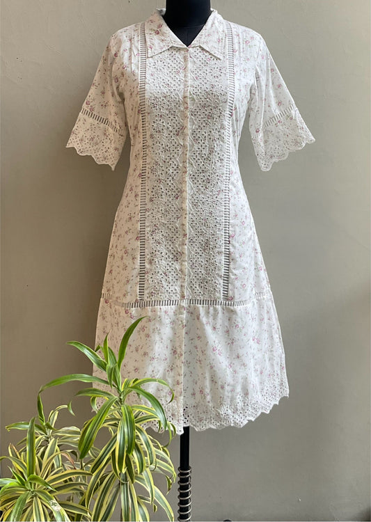 WHITE FULL HAKOBA WORKED ALINE DRESS