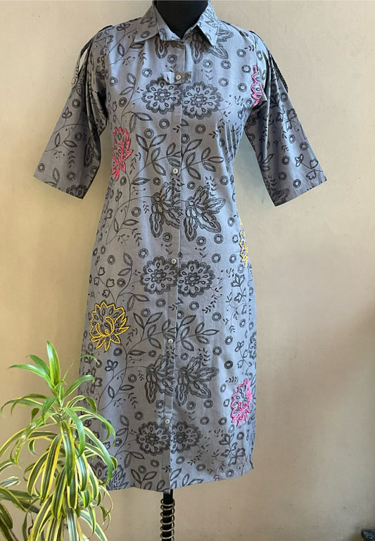 GREY DENIM KATHA EMBROIDERED ALINE DRESS