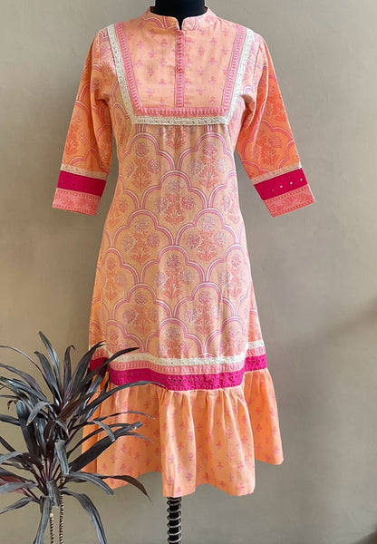 PEACH PRINTED LACED ALINE DRESS