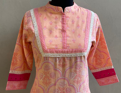 PEACH PRINTED LACED ALINE DRESS