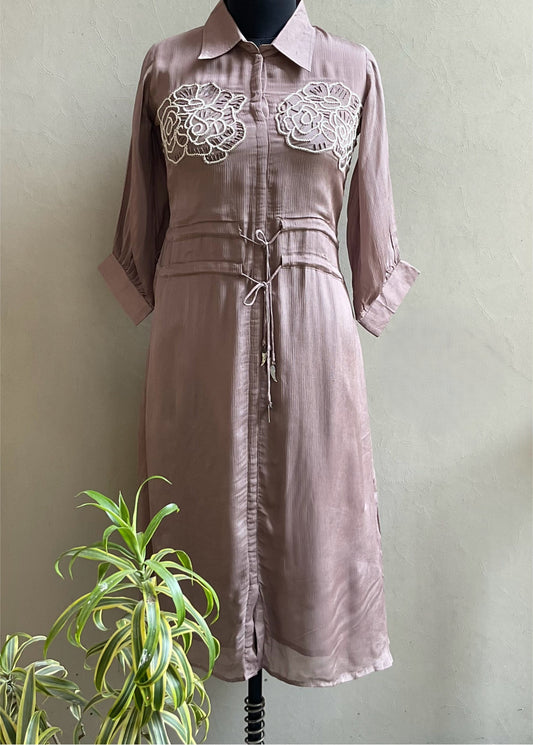 LIGHT BROWN EMBROIDERED PATCH ALINE DRESS